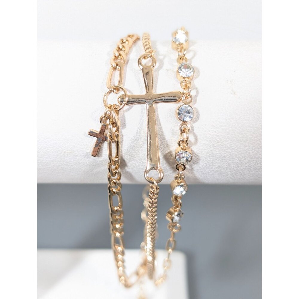 Gold Tone Rhinestone Cross Triple Chain Tennis Bracelet 8-9"